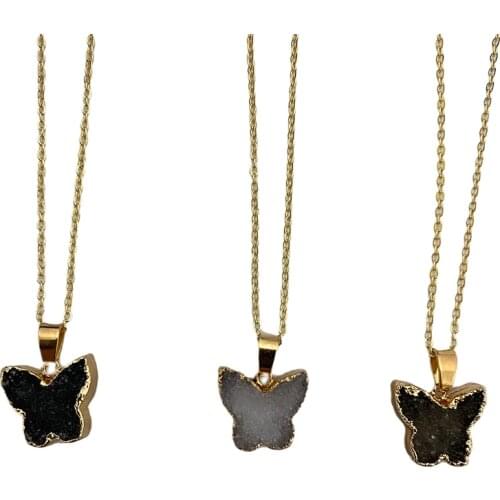 Butterfly Shape Genuine Druzy Coated Pendant Healing Crystal Goldtone Plated New DIY Stone Slice Charm Necklace