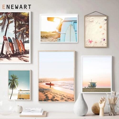 Travel Tropical Summer Seascape Poster Print Sunset Surfboard Car Canvas Painting Art Picture Sea Beach Wall Decoration
