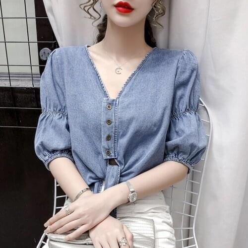 Shirt 2021 summer new design retro tie V-neck slim denim short-sleeved blouse women jean shirt female