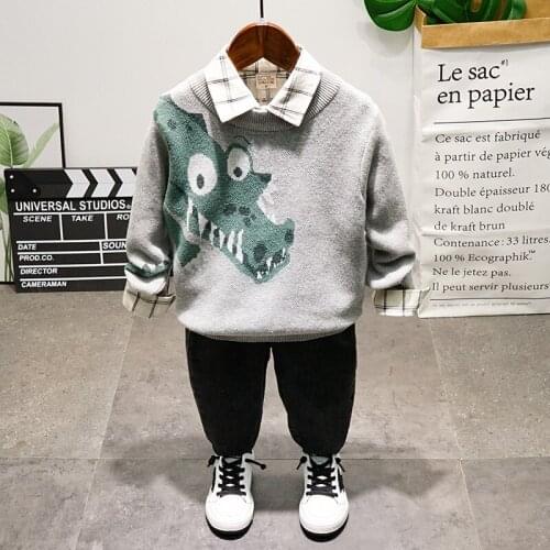 Autumn winter fashion baby boys clothes sets boys Cartoon knit sweater, shirt, jeans 3pcs bebes tracksuit children clothing set