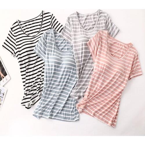 Womens Loose Striped Basic T-shirt Summer New Short Sleeve Soft Tee Shirt Modal O-Neck Flexible T-Shirts With Bra Sleep Top