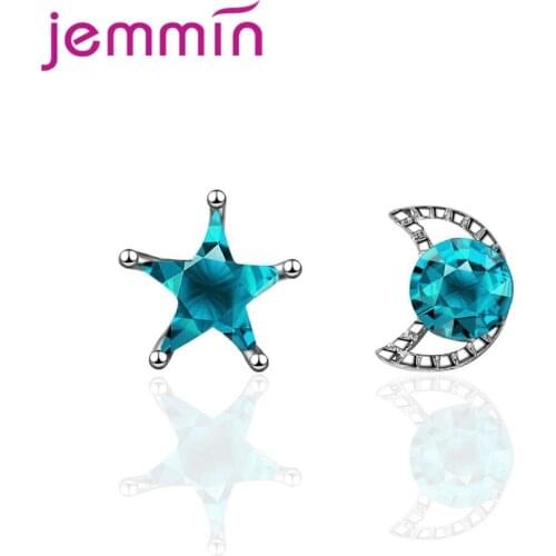 Factory Price Lovely Star Moon Decoration Women Girls 925 Sterling Silver Stud Earrings With Clear Bule Cubic Zircon