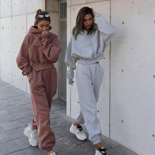 Women Two Piece Sets 2021 Autumn High Waist Tracksuit Outfits Solid Color Hoodie Joggers Pants Casual Lady Pullover Sport Suit
