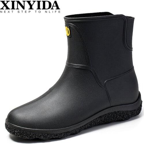 Winter Middle Tube Mens Waterproof Shoes Add Fur Keep Warm Non-slip Rain Boots Slip On Resistant Safety Rubber Shoes Size 39-44