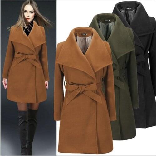 2018 European and American womens fall and winter long section of blended woolen coat woolen jacket Slim Belt