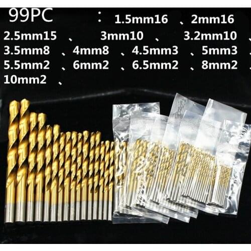 99pc High Speed Steel Drill Bit Straight Shank Twist Titanium-plated Power Tools Fine-quality Accessoires with titanium coated
