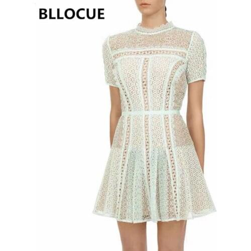 BLLOCUE Elegant Light Green Self-Portrait Runway Dress Vintage Women Round Neck Short Sleeve Hollow Out Lace Party Dress