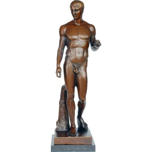 Bronze Greek Mythology God of War Ares Statue Antique Nude Sculpture Art Natural Marble Base Office Decor Collection