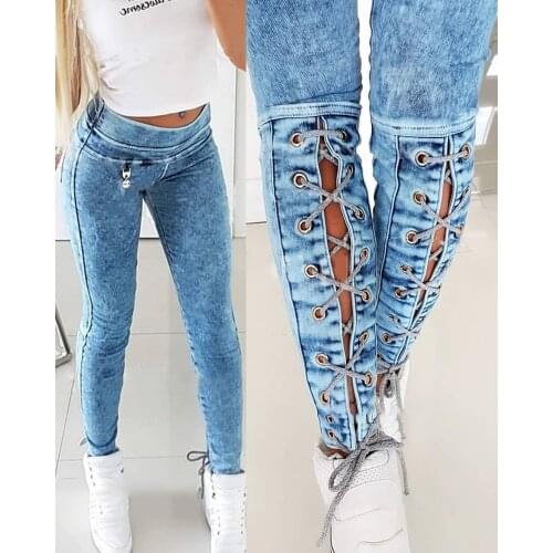 Spring Autumn Solid Womens Jeans Bandage Back Design Skinny Denim Pants Femme Vintage Bottom Lady Sexy Trousers 2021 New traf