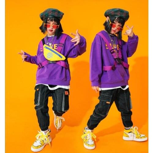 Kids Festival Hip Hop Clothing Purple Tops Loose Sweatshirt dancing Pants for Girls Boys Jazz Dance Wear Costume Party Clothes