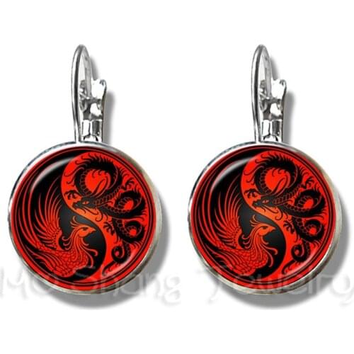 Two Dragon Yin Yang Glass Dome Earrings Symbol Jewelry Natural Rustic Fashion Symbolizing Harmony Stud Earrings Good Luck