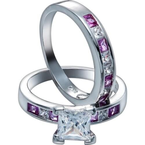 Elegant design for love male and female couple Pink zircon and white crystal mosaic ring women couple fashion jewelry