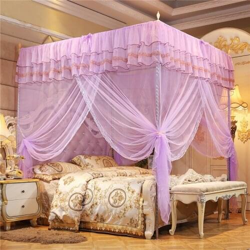 Purple Romantic Mosquito Net and Frame Hanging Corner Post Bed Net Lace Canopy Princess Girl Bed Curtain Queen King Size