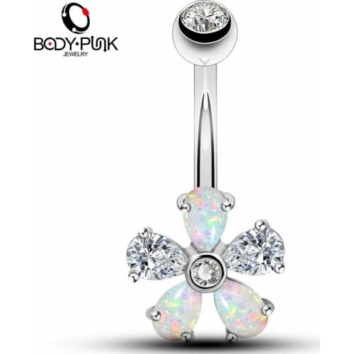 BODY PUNK 14G Surgical Steel Belly Button Rings Rose Gold With Clear CZ White Blue Synthetic Opal Flower Navel Rings