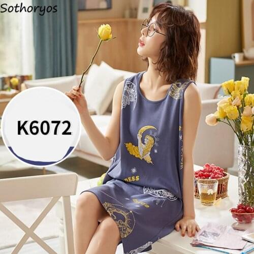 Nightgowns Women Sleeveless Sexy Sleepwear Print Casual Loose New Nightwear Korean Fashion Chic Sleeping Dress Kawaii Summer Ins