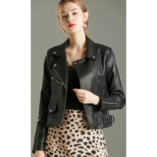 New Lapel Women Autumn Faux Soft Leather Jackets Lady Bomber Motorcycle Cool Short Solid Color Outerwear Coat