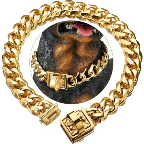 19 mm Dog Collar 18K Gold Color Heavy Duty Stainless Steel Dog Luxury Training Collar Cuban Link with Durable Clasp Chain