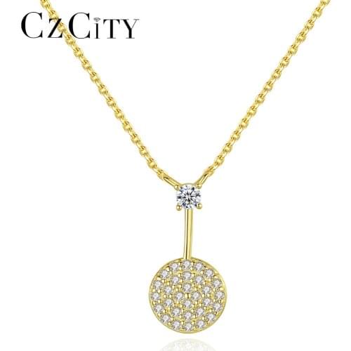 CZCITY New Arrival 18K Gold Plated Real 925 Sterling Silver Round Pendant Necklaces for Women Clear CZ Anniversary Gifts Collana