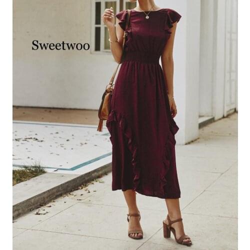 Casual Fashion Elegant Women O-neck Maxi Dress 2020 Summer Ruffles Print Slim Dress for Ladies