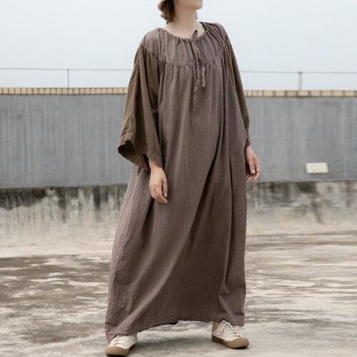 QPFJQD Ladies Retro Dress Cotton Linen Loose Robes O-Neck Full Sleeve Clothes Spring Autumn Female Long Dresses Patchwork Color