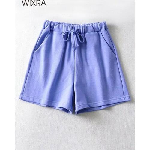 Wixra Summer Solid 100%Cotton Shorts Womens Drawstring Loose Pockets High Waist Casual Streetwear Spring