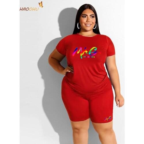 HAOOHU Womens Clothing Plus Size 2 Piece Set 2021 Letter Print Sportswear Autumn Urban Casual Top Shorts Sports Exercise Suit