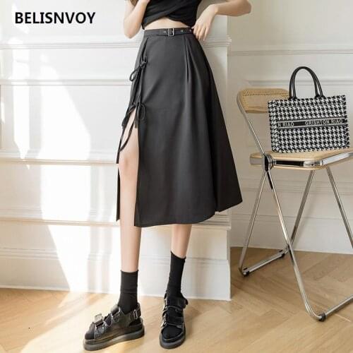 2021 Women High Waist Skirts Irregular A-line Summer Office Lady Midi Skirts Feminine Lace Up Split Skirt Woman Retro Streetwear