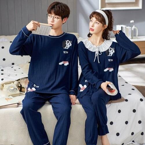 Winter Fashion Blue Long Sleeve Couple Pajamas Set Cotton Loose Ruffle Women Homewear Cute Cartoon Puppyy Print Couple Sleepwear