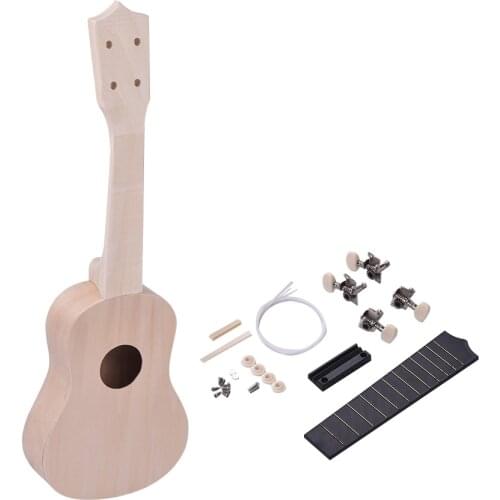 21 Inches Unfinished DIY Ukulele Ukelele Uke Kit Basswood Body Neck Plastic Fingerboard Bridge Nylon String for Ukulele Lovers