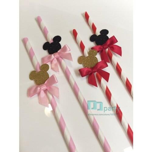 24 Glitter Mouse Satin Bow Stripe Straw. Party Straws. Wedding. 1st Birthday. Birthday Parties. Bridal Shower. Celebratio