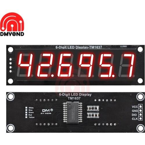 6-Digit LED 0.56" Display Tube (decimal), Clock Module Double Dots Board, 7-segments RED TM1637, disp. size 76x19mm For Arduino