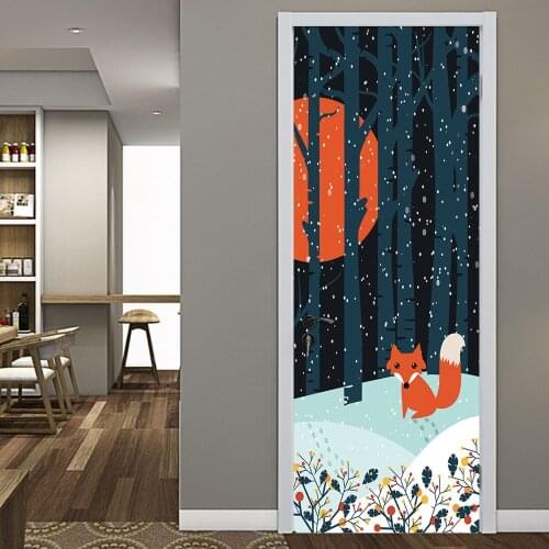 Anime Fox Forest Snow Night Door Stickers Self Adhesive PVC Bedroom Wallpapers 3D Creative Home Decor Door Mural DIY Renew Decal