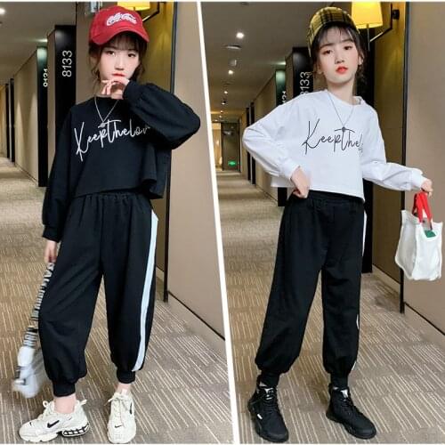 Girls Loose Casual Suit 2021 Spring Childrens Long Sleeve Letter T-shirt + Kids Loose Sweatpants School Sports Suit 2PCS