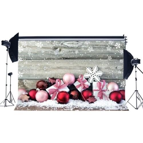 Photography Backdrop Christmas Balls Xmas Gifts Snowflakes Bokeh Halos Vintage Wood Floor Backdrops