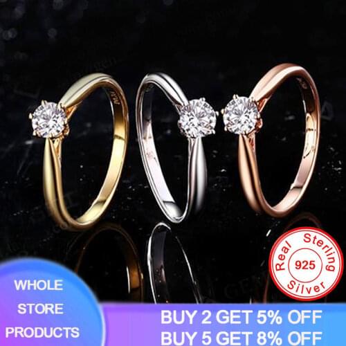 YANHUI Fine 3 Color White/Yellow/Rose Gold Ring With S925 Stamp Sterling Silver 925 Ring Women Solitaire Zircon Wedding Jewelry
