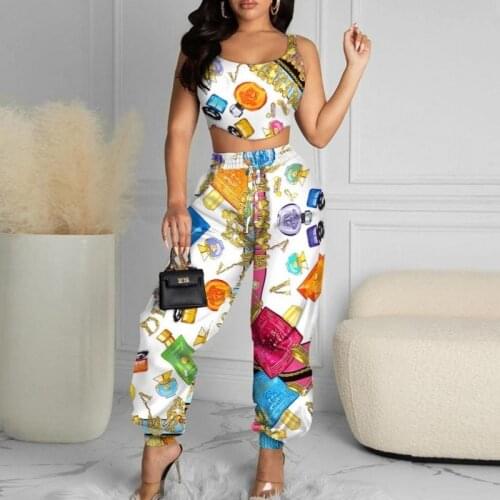 Two Piece Set Pant Suit Women Square Collar Sleeveless Tank Crop Tops Outfits 2021 Summer Print Sweet Streetwear Y2k Women Sets