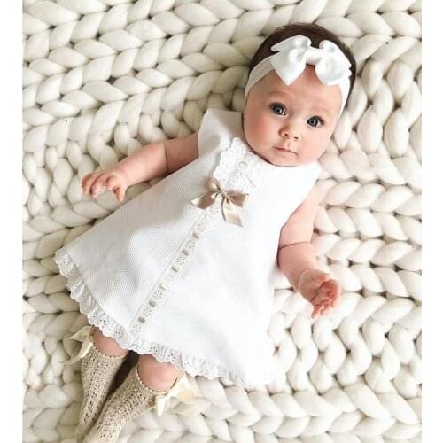 0-24M Baby Summer Clothing Newborn Infant Girl Lace Dress Sleeveless Bowknot Rib Solid White Dresses Headband 2pcs Sets