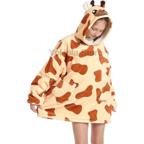 Soft Hooded Blanket Children Winter Casual Cartoon Giraffe Wearable TV Blanket With Sleeves Warm Comfortable New Flannel Hoodie