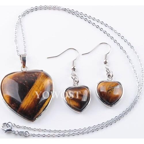 Natural Tigers Eye Gem Stone Heart Pointed Reiki Chakra Beads Pendant Earrings Set Chain Necklace 18 inches Jewelry QQ3065