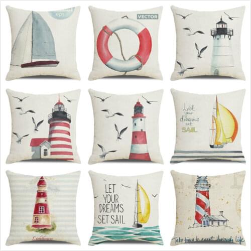 Wholesale 45cm*45cm Watercolor Lighthouse Navigation Sea Linen/Cotton Throw Pillow Covers Cushion Cover Home Decor Pillowcase