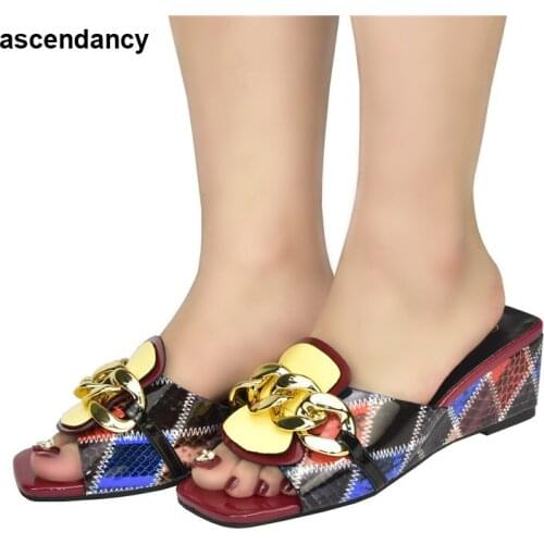 Latest Elegant African Party Pumps Chain Decorative Trend Womens Slippers Outdoor mixed colors Wedding wedges shoes for women