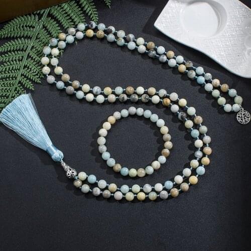 8mm Natural Amazonite Japamala Necklace Yoga Meditation Blessing Jewelry 108 Mala Beads Knotted Men and Women Charm Rosary