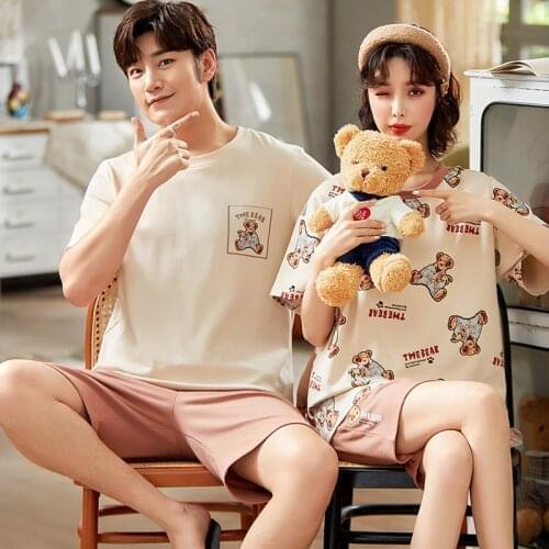 Couple Pajamas Set Summer Short Sleeve O-Neck Loose Home Wear For Men Women Cartoon Little Bears Kawaii Sweet Womens Sleepwear