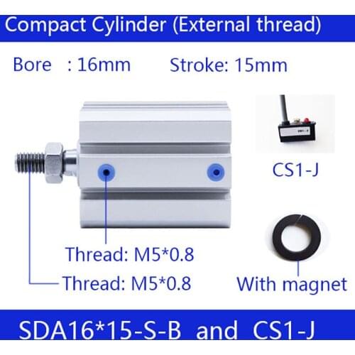 SDA16x15-B 16mm Bore 15mm Stroke External thread Compact Air Cylinders Double Action Air Pneumatic Cylinder