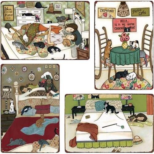 Welcome Signs In Home Decor Cartoon Lovely Cat Life Poster Decorative Of Your House Metal Plates Wall Retro Plaques 20x30cm