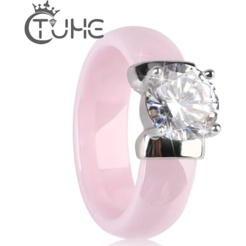 Romantic Pink Black White Beautiful Smooth Ceramic Ring For Woman Top Quality Jewelry Without Scratches Women Ring Plus Big CZ