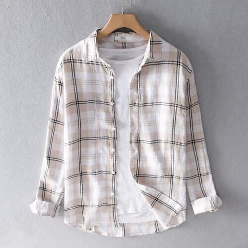 2020 New design 100% linen plaid shirt men brand summer and spring shirts for men comfortable long sleeve shirt mens chemise