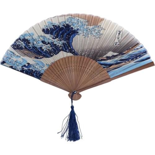 Hand Fan Mount Fu-ji Kanagawa Waves Art Pattern Japanese Vintage Bamboo Folding Pocket Fan Summer Cooling Fan Home Decoration