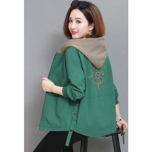 Spring Autumn Womens Coat Hooded Jacket Long Sleeve Casual Windbreakers Plus Size Loose Basic Jackets Outerwear Zipper Pockets