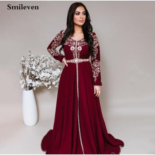 Smileven Morocco Caftan Evening Dresses V Neck 3D Flowers Outfit Dubai Prom Dress Velvet Long Sleeve Formal Evening Party Dress